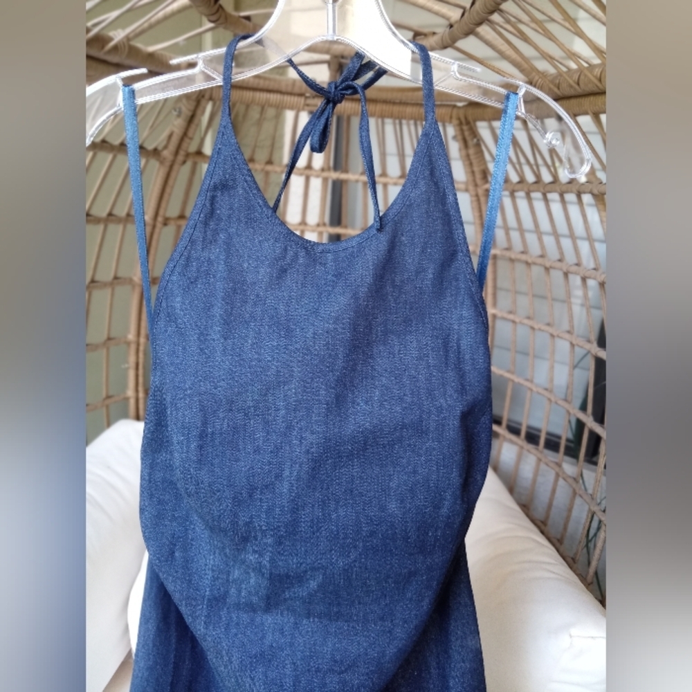VINTAGE Ann Taylor Dark Wash Denim Halter Dress Y2K Sleeveless Backless Midi 8P - Picture 9 of 11
